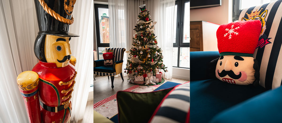 Sapin de noël et décorations de thématique casse-noisette d'une chambre de luxe située dans le Vieux-Québec.