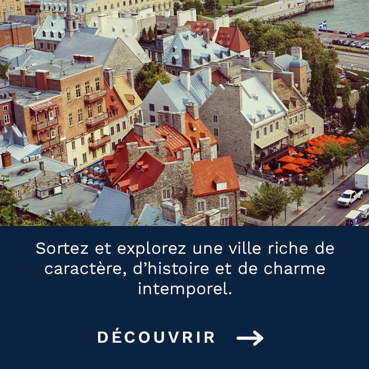 Vue aérienne du Vieux-Québec avec ses bâtiments historiques, toits colorés et rues animées près du fleuve Saint-Laurent