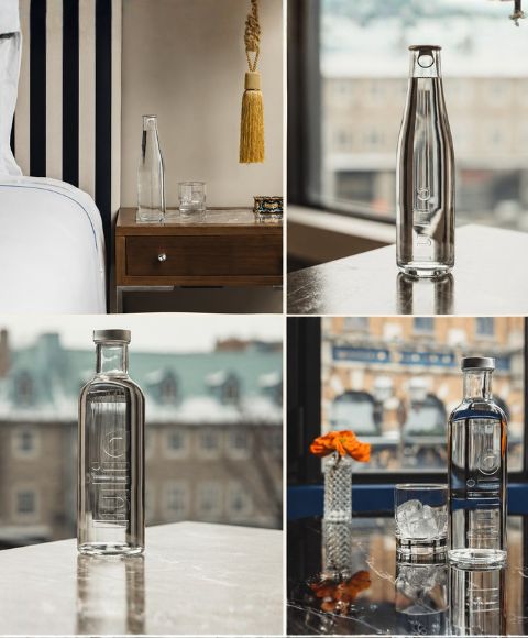 Bouteilles d’eau en verre réutilisables utilisées dans les chambres et au restaurant de l’Hôtel Monsieur Jean dans le Vieux-Québec