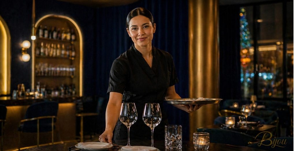 Commis de restaurant préparant une table au Bijou dans le Vieux-Québec