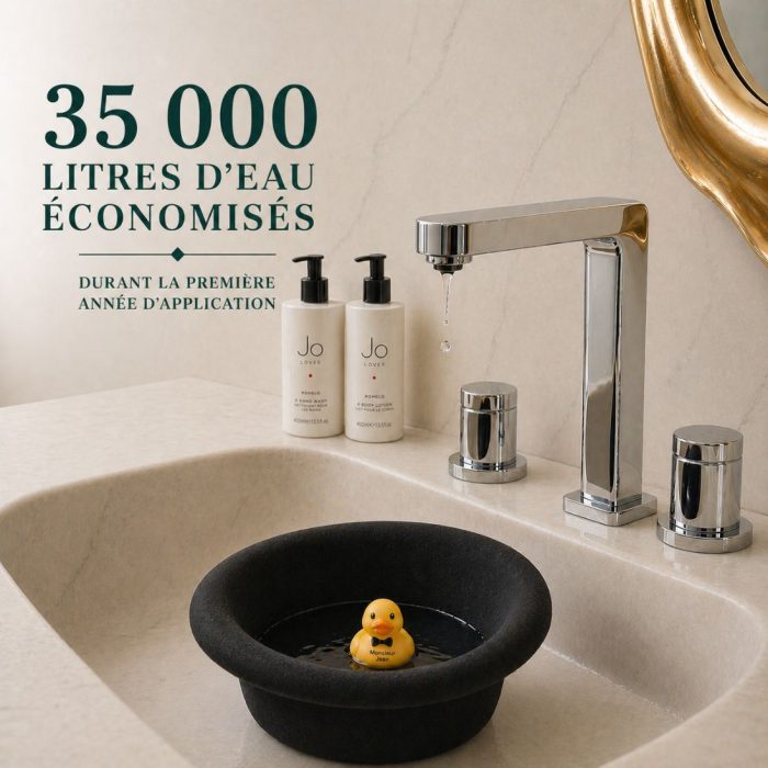 Lavabo hôtel durable à Québec avec réduction de consommation d’eau illustrée par 35 000 litres économisés