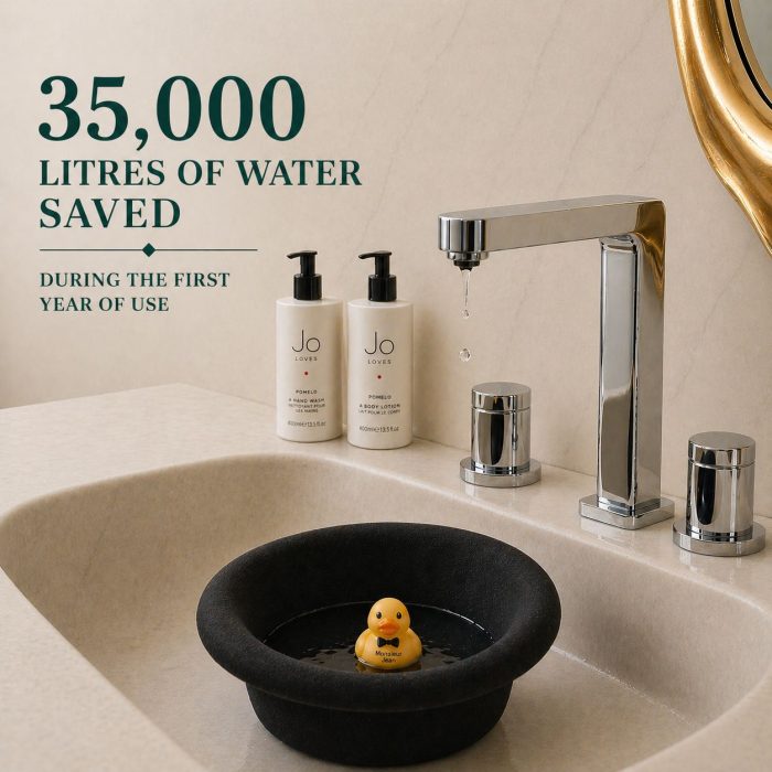 Bathroom sink at sustainable hotel in Old Quebec showing water conservation with 35,000 liters saved at Monsieur Jean