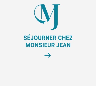 Bouton avec logo MJ turquoise et texte "Séjourner chez Monsieur Jean"
