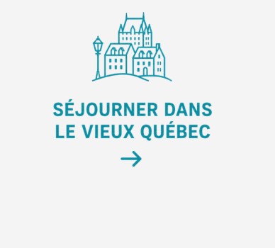Bouton avec symbole turquoise et texte "séjourner dans le vieux Québec"