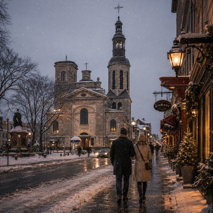 Scène hivernale dans le Vieux-Québec avec neige, éclairage chaleureux et basilique Notre-Dame de Québec
