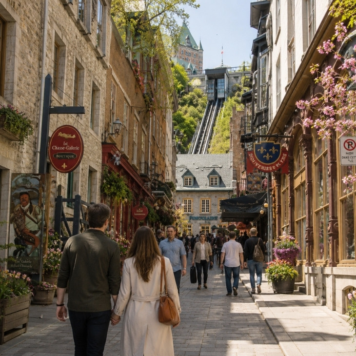 Rue du Petit-Champlain au printemps avec funiculaire, Château Frontenac et ambiance touristique à Québec