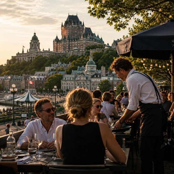 Scène lifestyle à Québec avec ambiance touristique haut de gamme