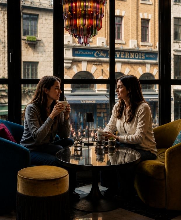Deux femmes discutant autour d’un café dans le lounge élégant de Monsieur Jean, avec vue sur les rues du Vieux-Québec.