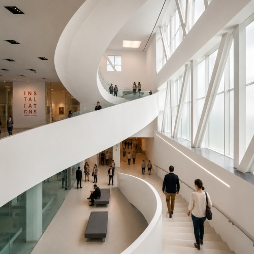 Intérieur contemporain du Musée national des beaux-arts du Québec avec lumière naturelle et espaces modernes
