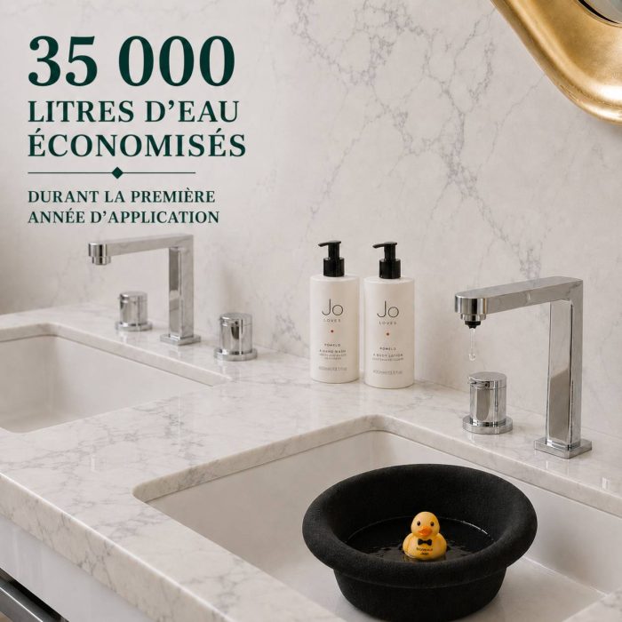 Lavabo hôtel durable à Québec avec réduction de consommation d’eau illustrée par 35 000 litres économisés