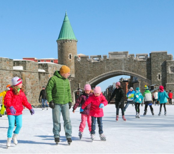 Morning view of the Place D’Youville skating rink with the historic fortifications of Old Québec in the background.