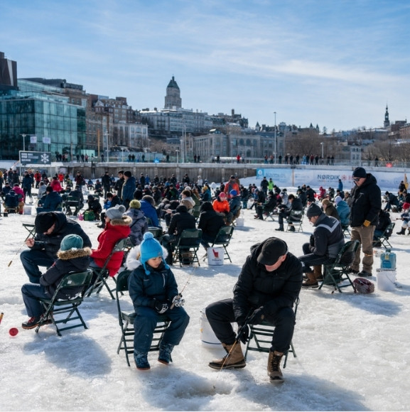 Winter scene at Village Nordik in the Port of Québec, with ice fishing on the St. Lawrence River and views of Old Québec.