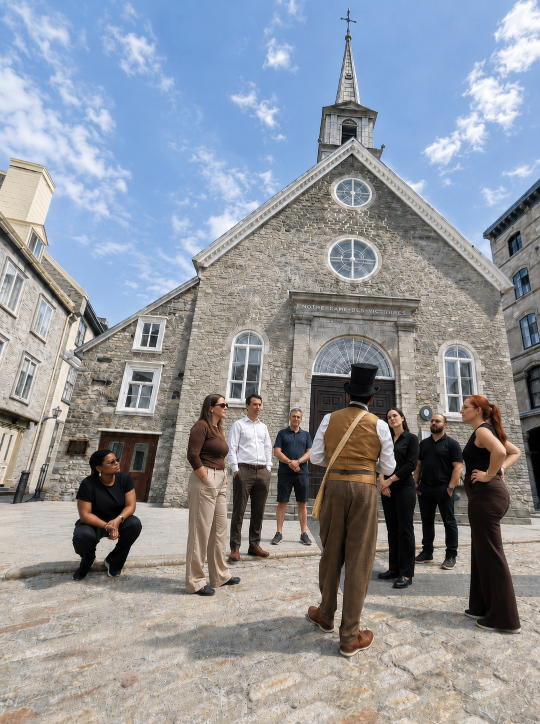 Visite guidée du Vieux-Québec devant l’église Notre-Dame-des-Victoires.