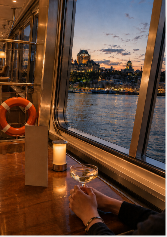 Evening View of Québec from a Cruise Boat Illuminated cruise boat interior with a cocktail in the foreground and a twilight view of Château Frontenac and Old Québec across the St. Lawrence River.