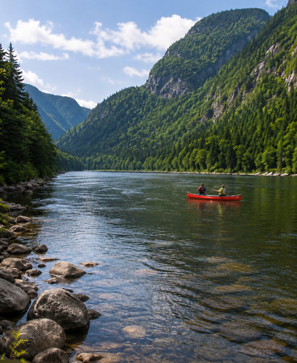 Canoeing in the Jacques-Cartier Valley Two people paddle a red canoe on the Jacques-Cartier River through a forested valley surrounded by high plateaus in summer.