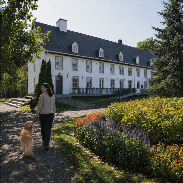 Person walking a golden dog at Domaine de Maizerets in Quebec City
