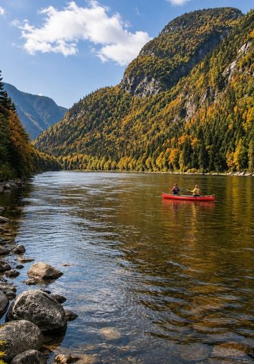 Canot sur la rivière Jacques-Cartier en automne Deux personnes en canot sur la rivière Jacques-Cartier, entourées de montagnes et de forêts aux premières couleurs d’automne, une recommandation de l’Hôtel Monsieur Jean.