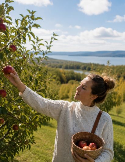 Cueillette de pommes à l’Île d’Orléans en septembre Cueillette de pommes dans un verger de l’Île d’Orléans en septembre, près de Québec, une activité recommandée par la conciergerie de l’Hôtel Monsieur Jean.