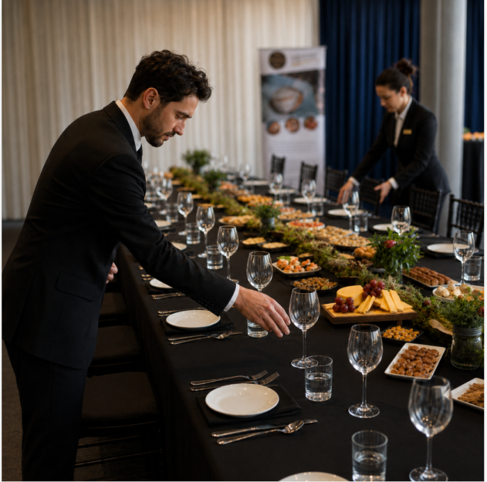 Équipe préparant le service pour un événement corporatif Membres de l’équipe préparant les tables et le service de repas pour un événement corporatif chez Monsieur Jean à Québec.