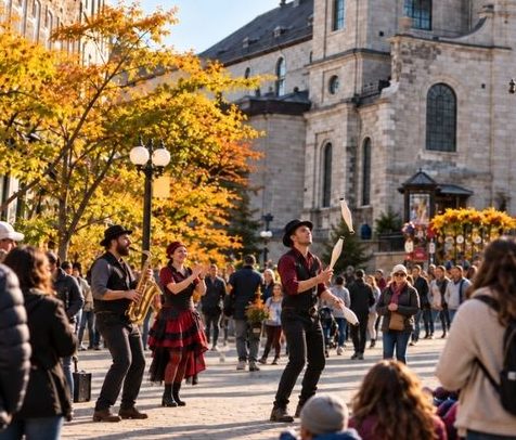 Illustration d’un spectacle de rue inspiré de Réverbère dans le Vieux-Québec, près de Monsieur Jean