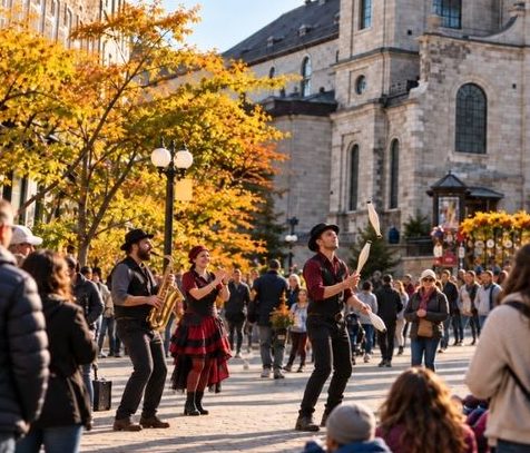 Réverbère in the Streets of Old Québec Near Monsieur Jean Illustration of a street performance inspired by Réverbère in Old Québec, near Monsieur Jean