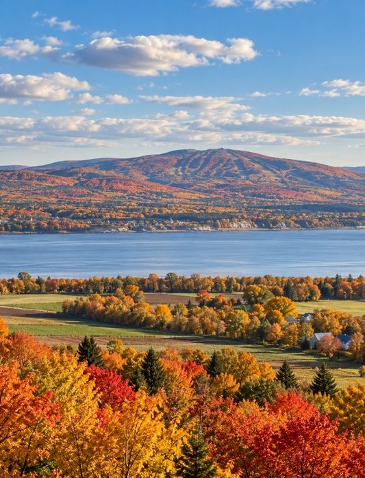 View of Mont-Sainte-Anne in Fall Colours from Île d’Orléans | Monsieur Jean Panoramic view of Mont-Sainte-Anne in fall colours from Île d’Orléans, near Quebec City